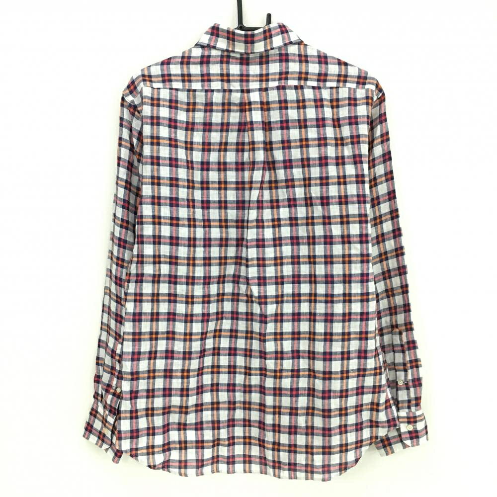 【超美品】サイコバニー 長袖シャツ 白×レッドピンク系×オレンジ チェック 麻100％ メンズ XL ゴルフウェア Psycho Bunny