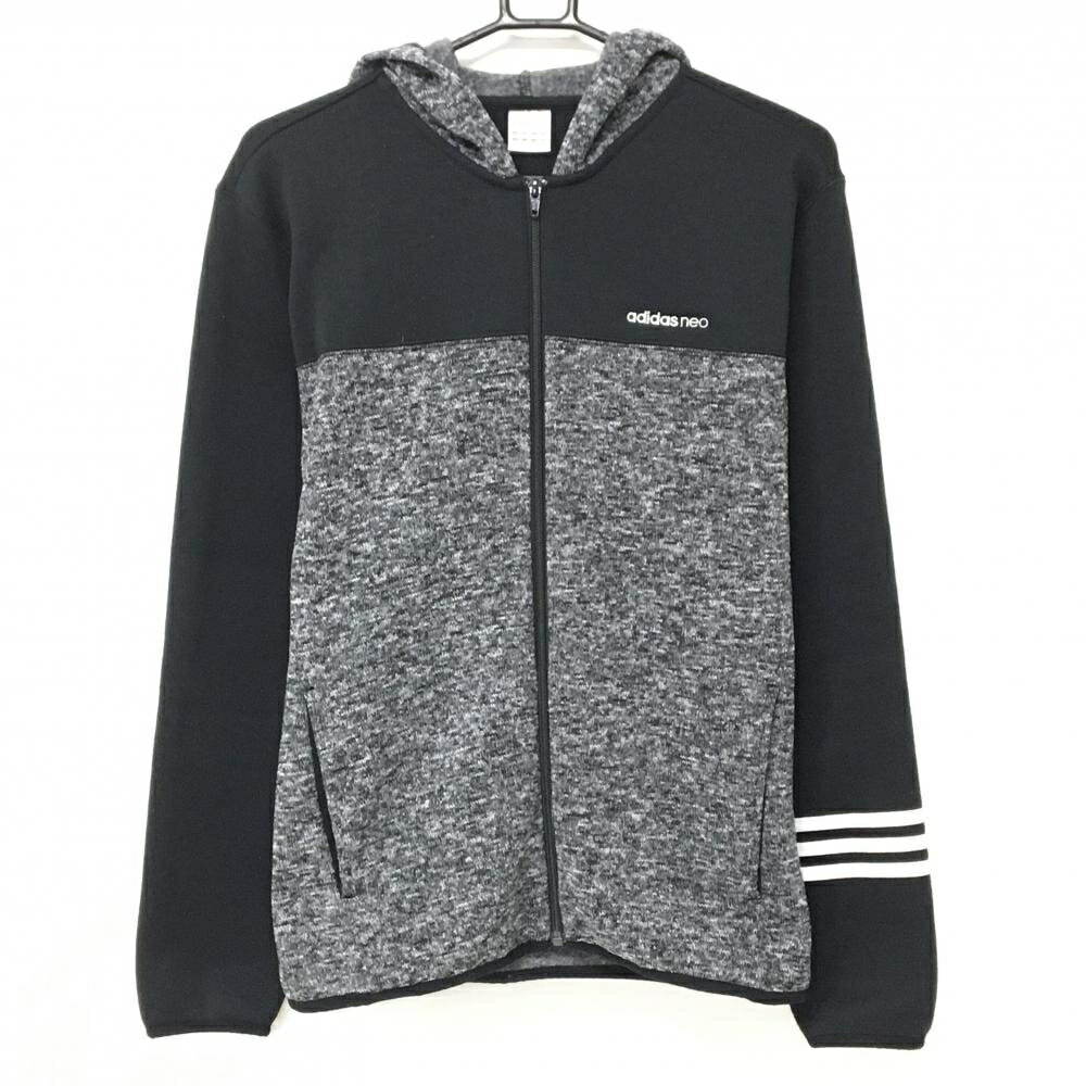 ADIDAS - 【美品】アディダスneo ニットジップパーカー 杢グレー×黒 袖3ライン 裏起毛 メンズ M ゴルフウェア adidas