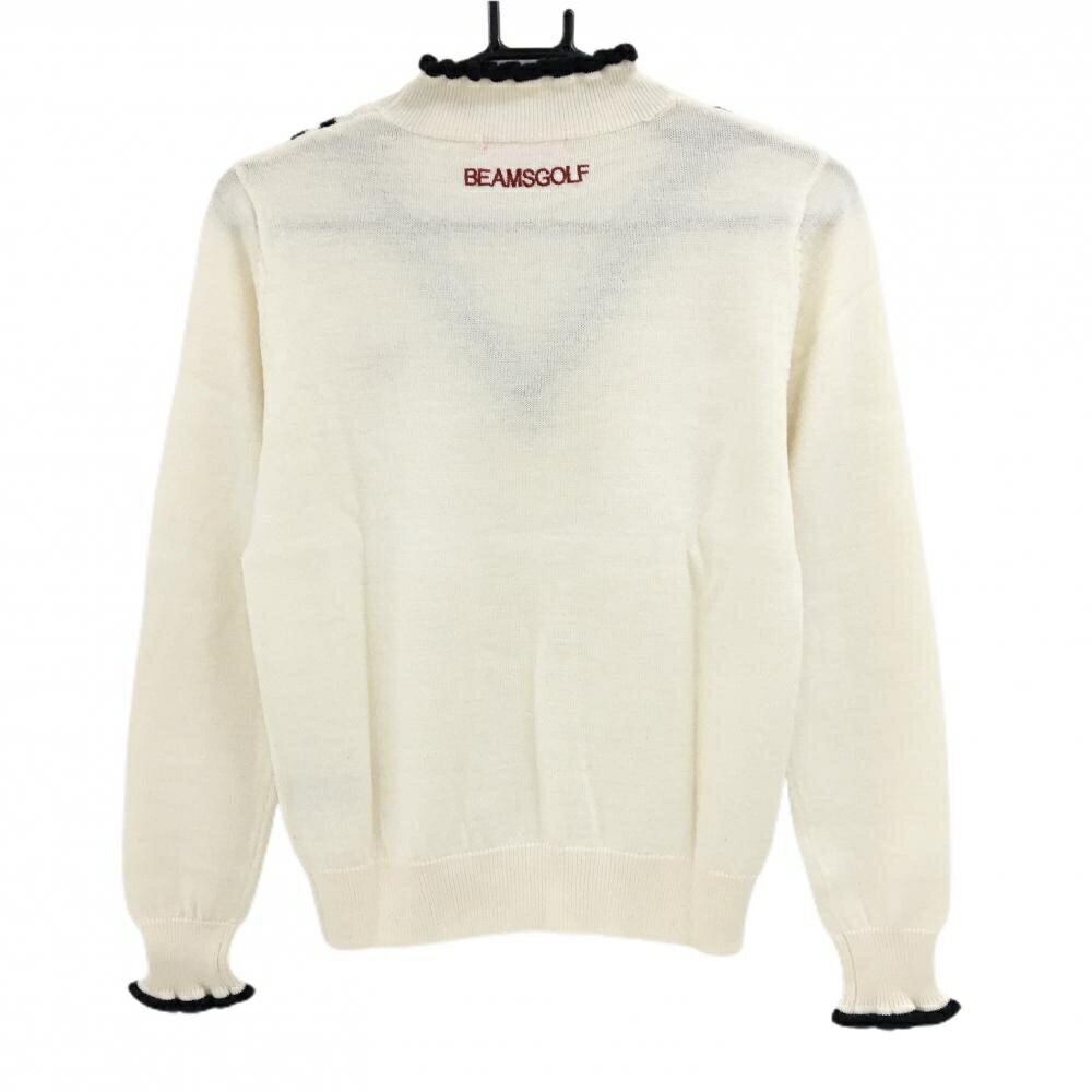 【美品】ビームスゴルフ ハイネックセーター 白×ネイビー ロゴレッド ウール混 ニット レディース M ゴルフウェア BEAMS GOLF