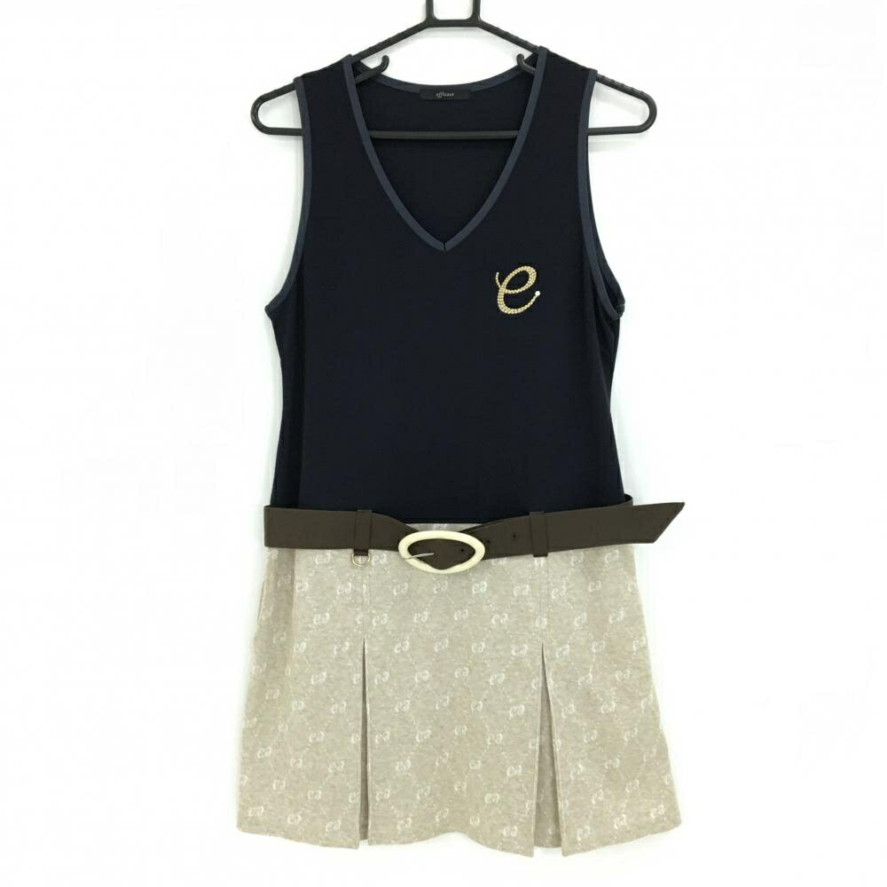 【超美品】エフィカス ノースリーブワンピース ネイビー×ベージュ スカートロゴ総柄 ベルト付 レディース 2(M) ゴルフウェア efficace
