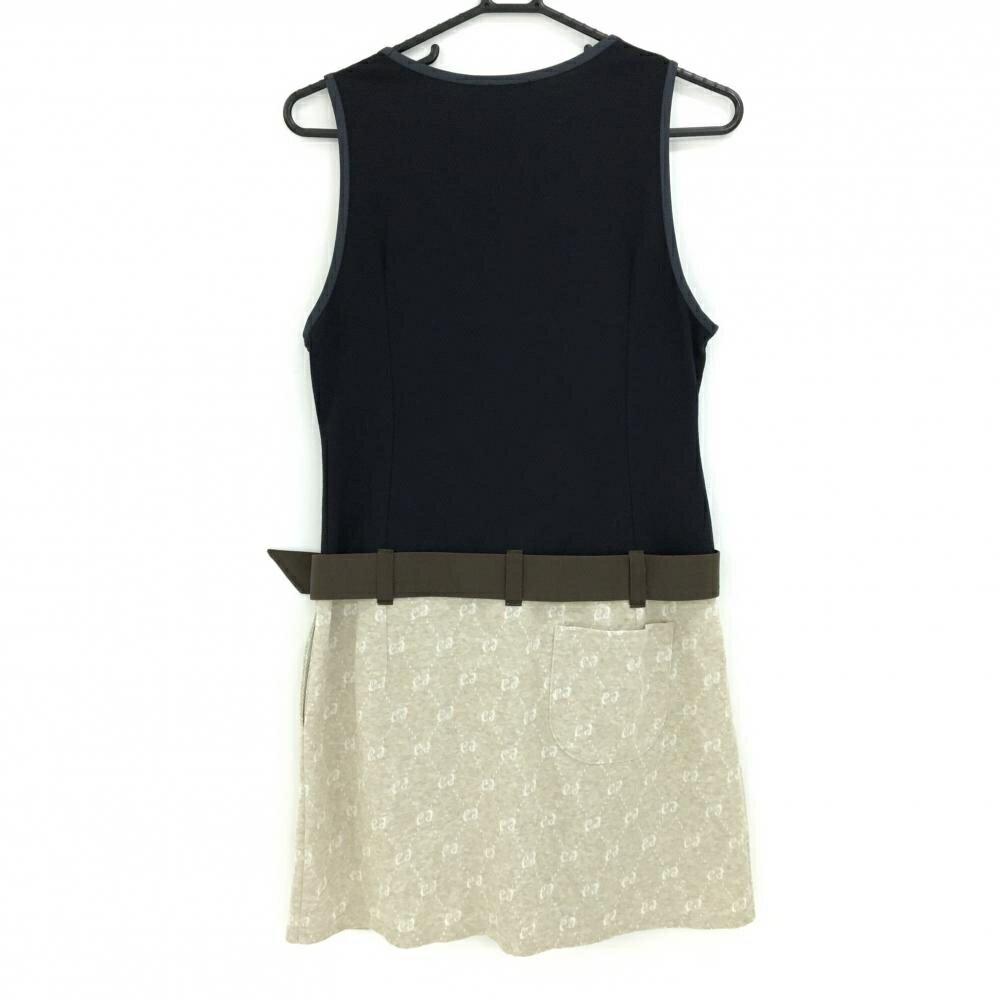 【超美品】エフィカス ノースリーブワンピース ネイビー×ベージュ スカートロゴ総柄 ベルト付 レディース 2(M) ゴルフウェア efficace