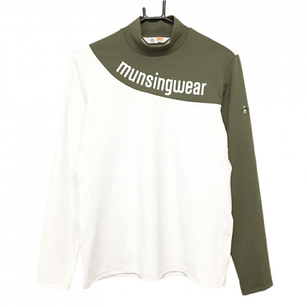 【超美品】マンシングウェア 長袖ハイネックシャツ 白×カーキ ビッグロゴ レディース LL ゴルフウェア Munsingwear