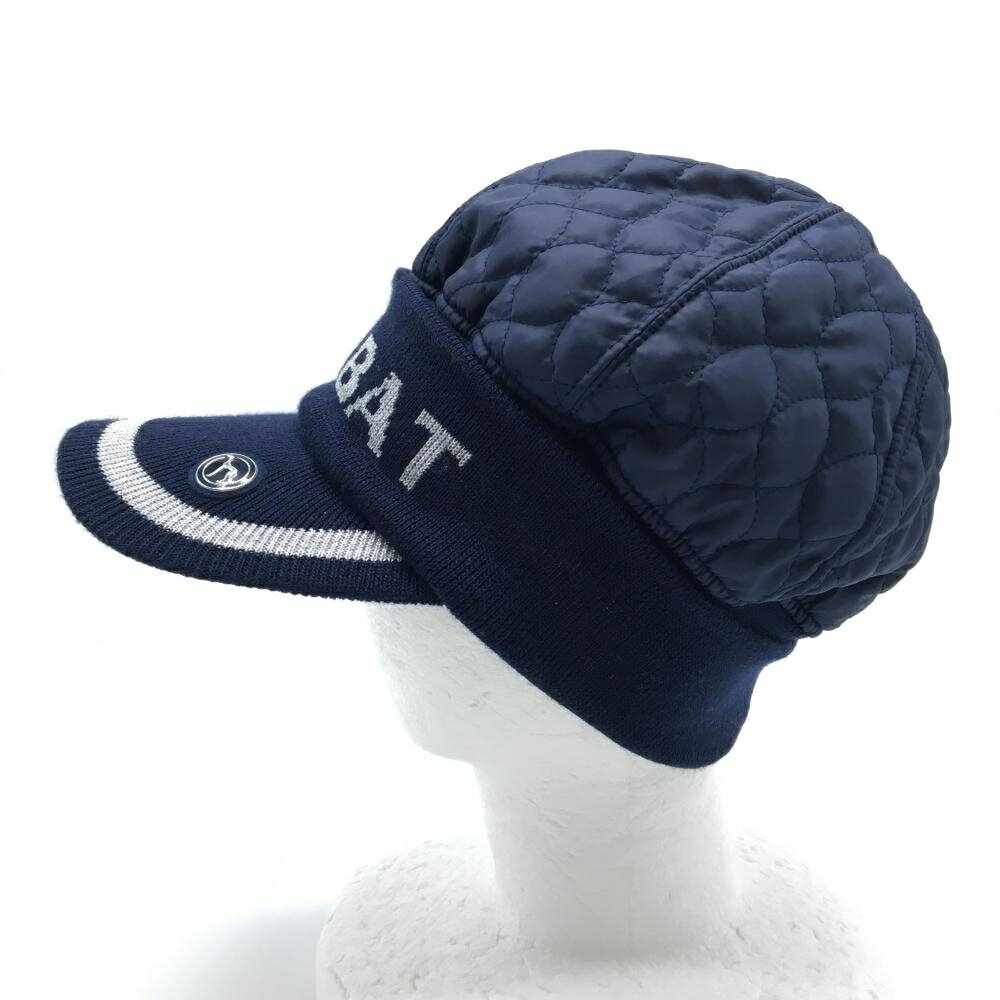【超美品】アダバット つば付きニット帽 ネイビー×シルバー系 一部中綿 フロントロゴ ゴルフウェア adabat
