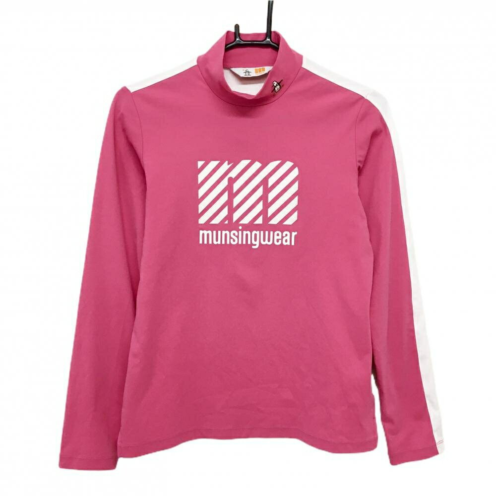 マンシングウェア 長袖ハイネックシャツ ピンク×白 ネックロゴ レディース M ゴルフウェア Munsingwear