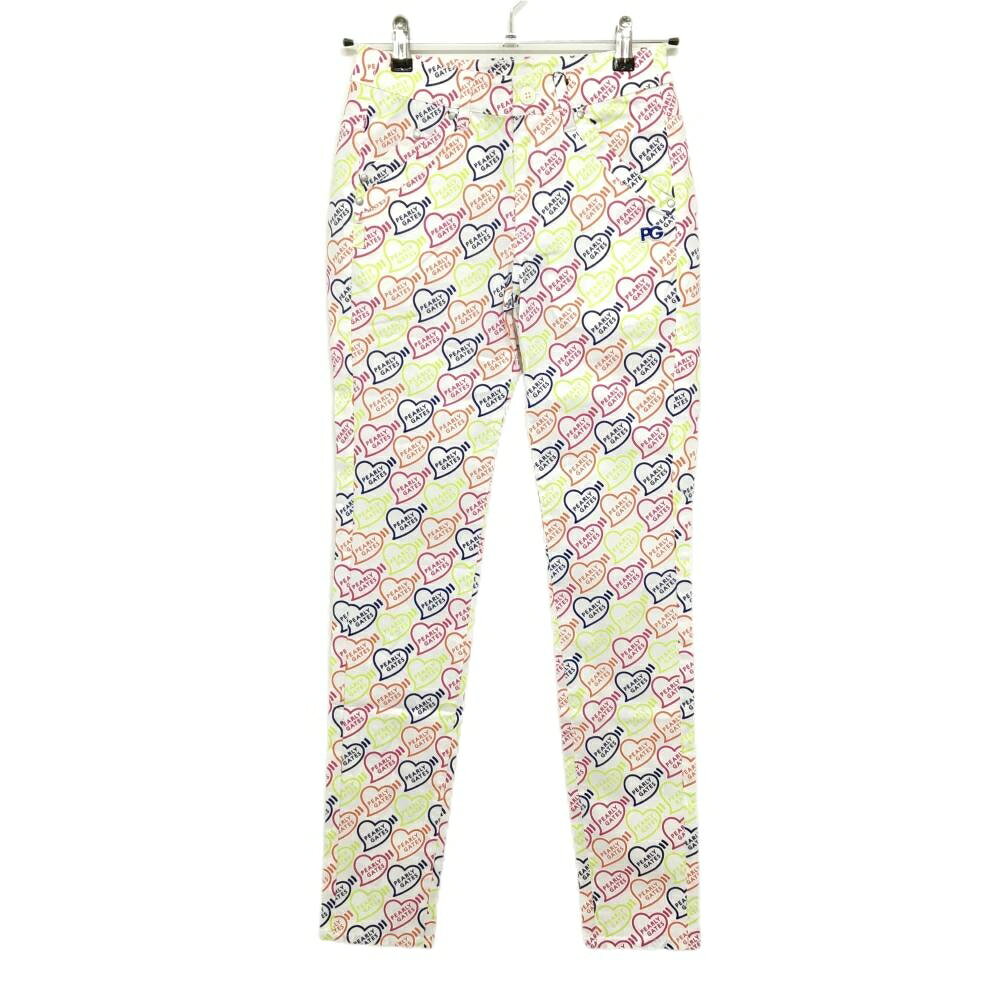 【新品】パーリーゲイツ パンツ 白×マルチカラー ハートロゴ総柄 ストレッチ レディース 00(XS) ゴルフ..
