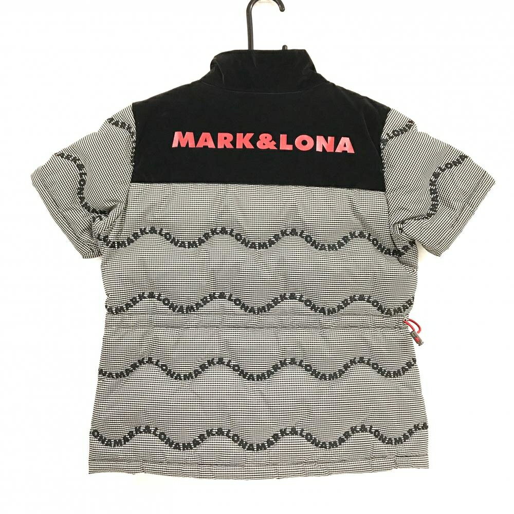 【超美品】マークアンドロナ 半袖ダウンジャケット 黒×白 ギンガムチェック ロゴ総柄 ワッペン レディース 36(S) ゴルフウェア MARK＆LONA