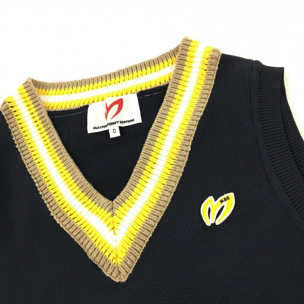 【超美品】マスターバニー ニットベスト ネイビー×イエロー×ベージュ系 レディース 0(S) ゴルフウェア MASTER BUNNY EDITION