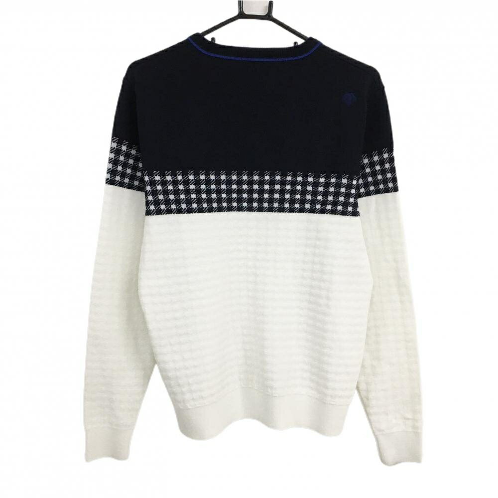 【美品】スリクソンバイデサント セーター 白×ダークネイビー 一部柄 ウール混 Vネック ニット メンズ L ゴルフウェア SRIXON