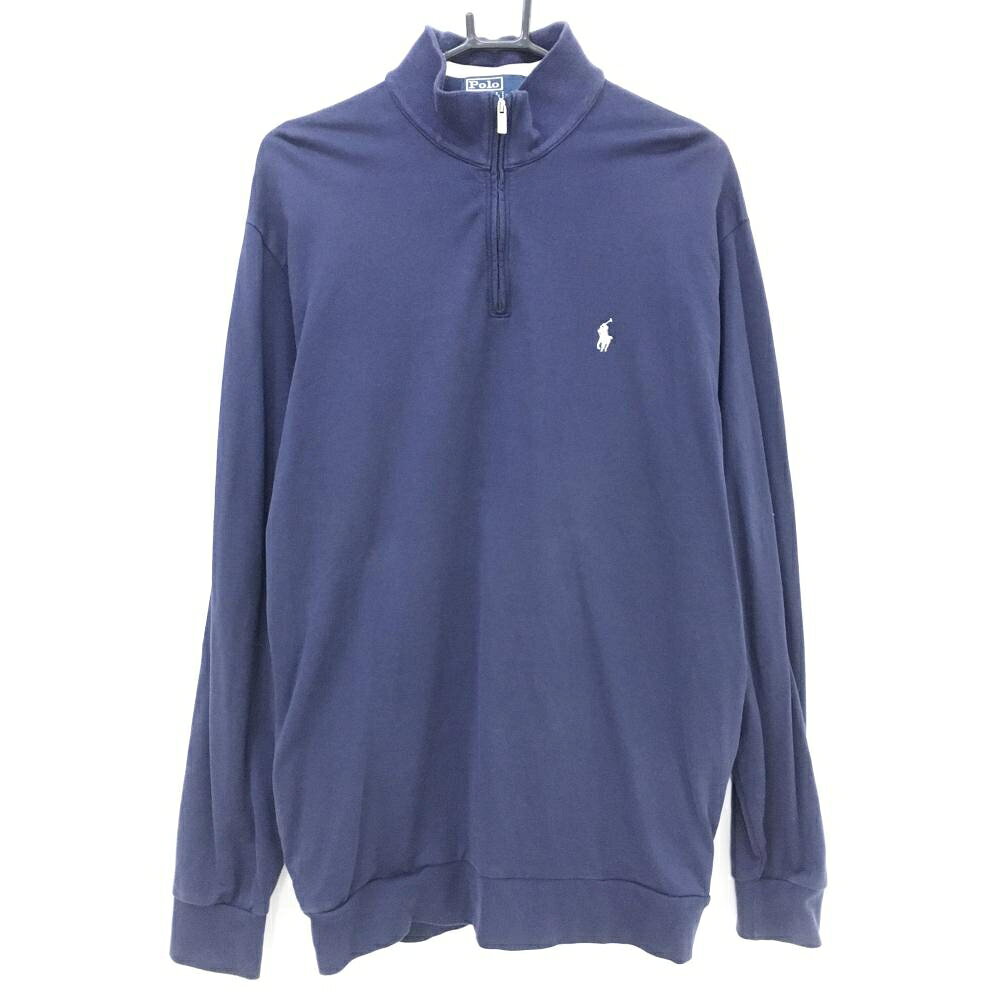 ポロラルフローレン 長袖ハイネックシャツ ネイビー×白 ハーフジップ 胸ロゴ メンズ M ゴルフウェア Ralph Lauren