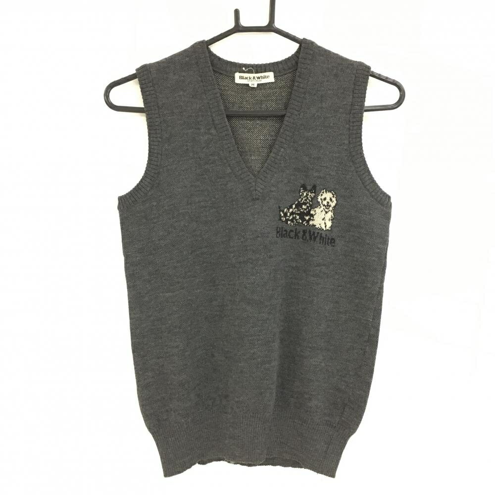 【美品】ブラックアンドホワイト ニットベスト ダークグレー Vネック 胸元ロゴ ウール100％ レディース M ゴルフウェア Black＆White