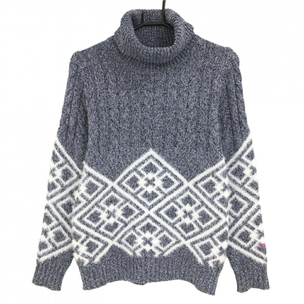 【超美品】ロサーセン タートルネックセーター×白 下部柄 ケーブル編み 白地モヘア風 レディース M ゴ..