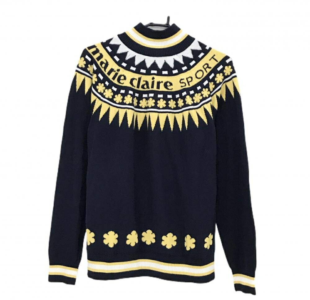 【美品】マリクレールスポール ニットジャケット ダークネイビー×イエロー 花柄 裏地付き レディース L ゴルフウェア marie claire