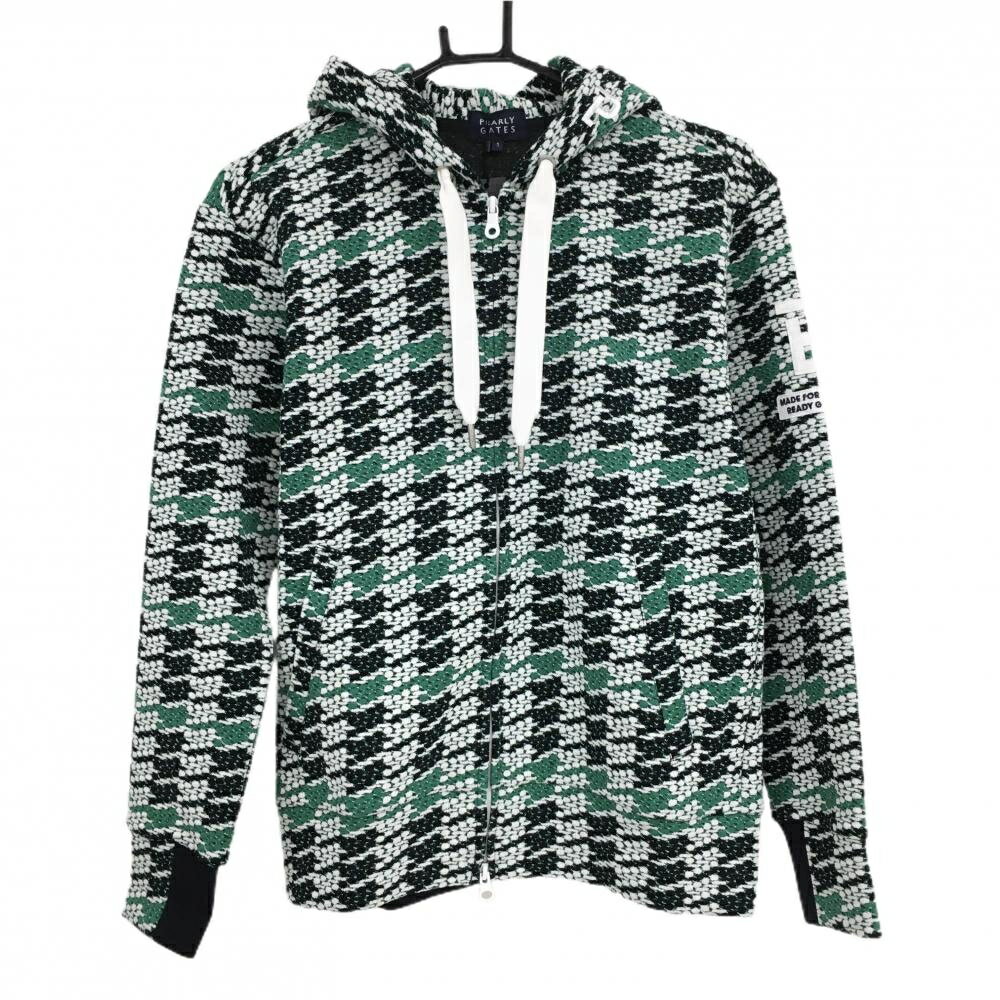 【新品】パーリーゲイツ ジップパーカー 黒×白×グリーン 総柄 凸凹生地 袖ワッペン レディース 1(M) ゴ..