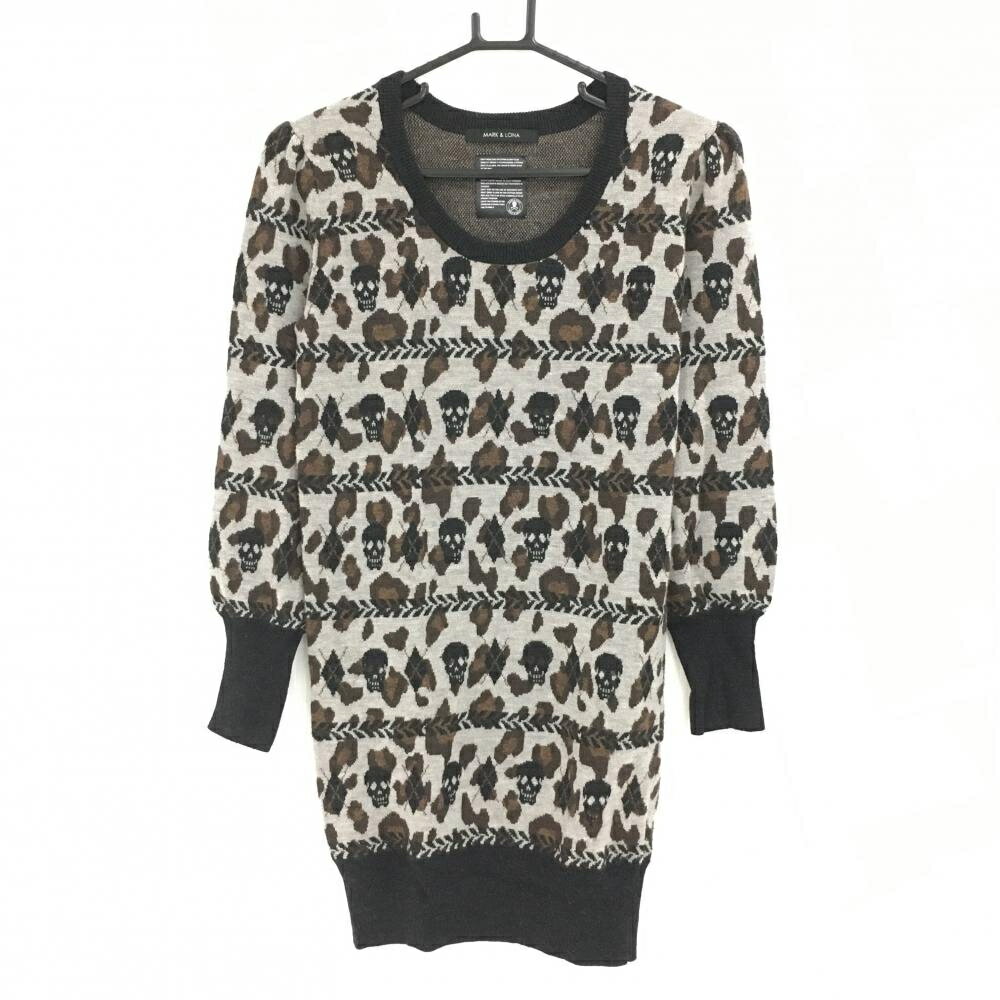 【美品】マークアンドロナ ニットワンピース ライトグレー系×ブラウン×黒 スカル総柄 レディース WS ゴルフウェア MARK＆LONA