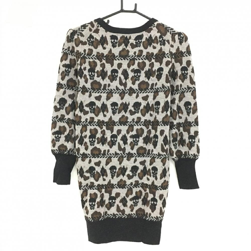 【美品】マークアンドロナ ニットワンピース ライトグレー系×ブラウン×黒 スカル総柄 レディース WS ゴルフウェア MARK＆LONA