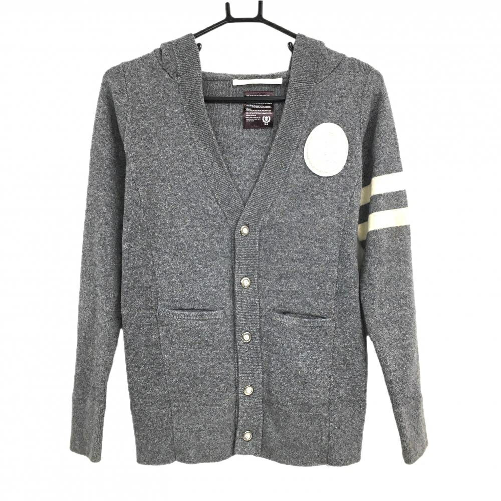 【美品】マークアンドロナ　フード付ニットカーディガン グレー×アイボリー ウール混 レディース S ゴルフウェア MARK＆LONA