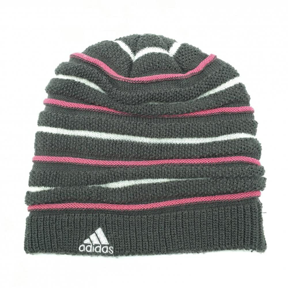 ADIDAS - [クーポン対象品]【美品】アディダス ニット帽 グレー×ピンク ボーダー ロゴ刺しゅう 裏ボア フリー(57-59cm) ゴルフウェア adidas