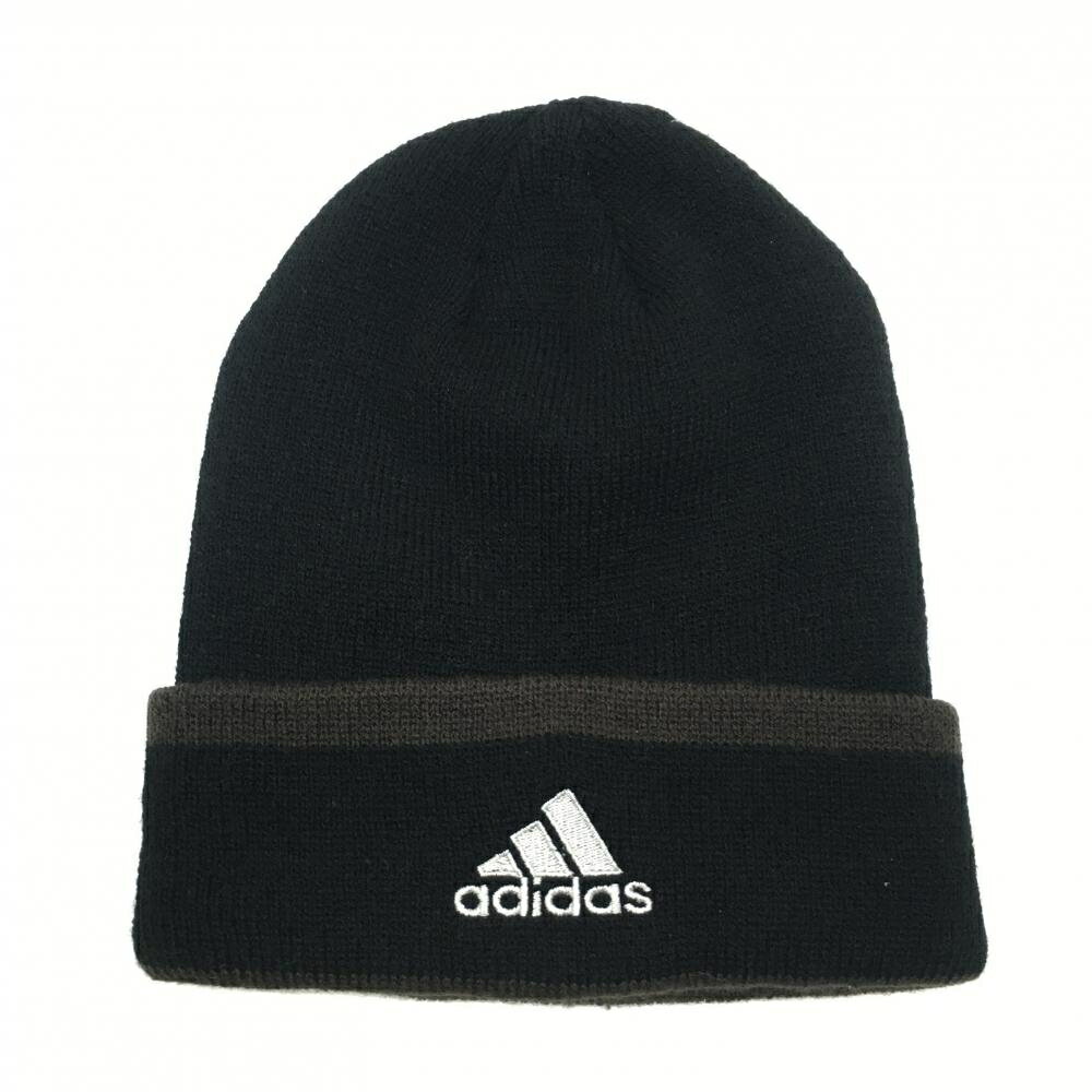 【新品】アディダス ニット帽 黒×ブラウン ライン ロゴ刺しゅう フリー(57-59cm) ゴルフウェア adidas
