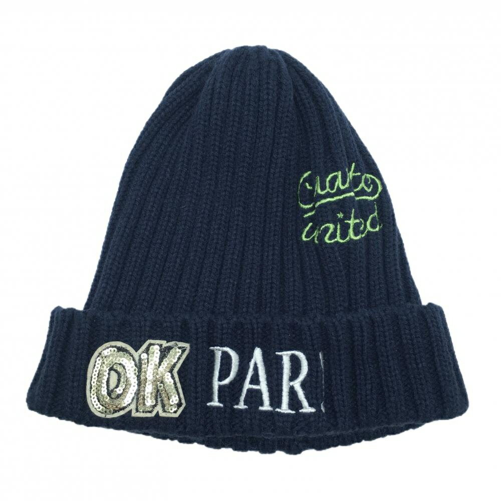 【超美品】クアルトユナイテッド ニット帽 ネイビー ロゴ刺しゅう F ゴルフウェア CUARTO UNITED