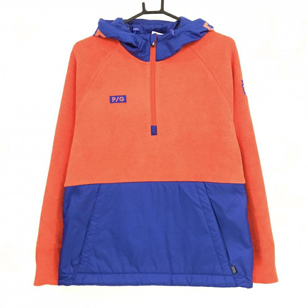 【新品】パーリーゲイツ フード付ブルゾン レッド×ブルー 異素材切替 ハーフジップ パーカー メンズ 5(L) ゴルフウェア PEARLY GATES