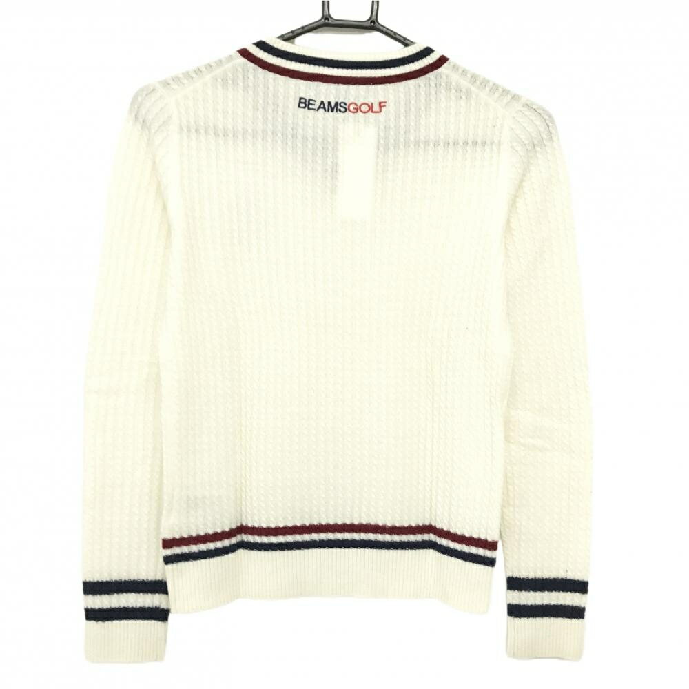 【美品】ビームスゴルフ セーター 白×ネイビー ケーブル編み Vネック ウール混 レディース M ゴルフウェア BEAMS GOLF