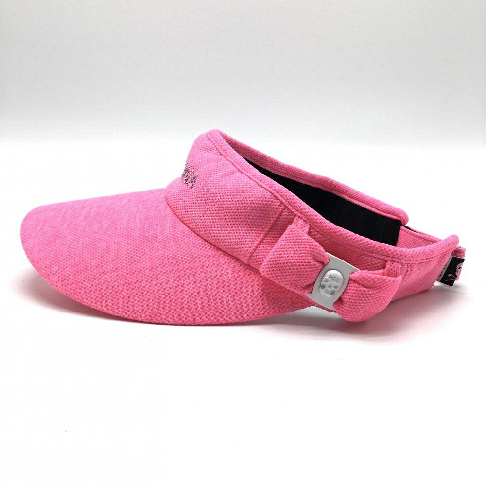 【美品】マークアンドロナ サンバイザー 蛍光ピンク リボン スカル レディース FREE ゴルフウェア MARK＆LONA