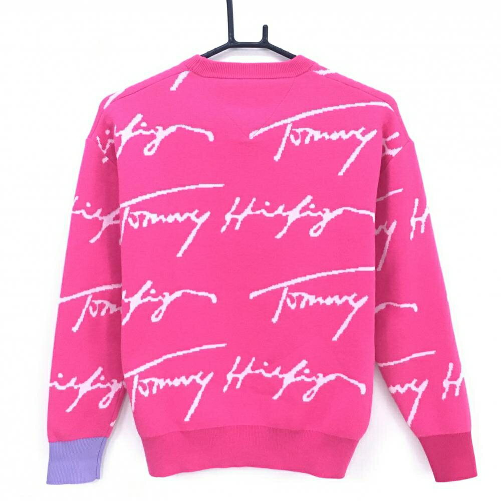 [クーポン対象品]【美品】トミーヒルフィガー セーター ピンク×白 ロゴ総柄 ワッペン ニット レディース S ゴルフウェア Tommy Hilfiger Golf
