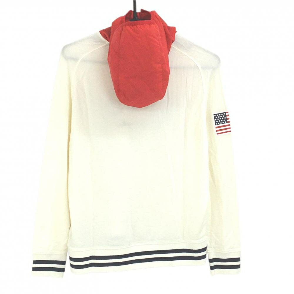 [クーポン対象品]【美品】チャンピオン フード付き長袖Tシャツ 白×レッド フード薄中綿 フロントロゴ パーカー レディース MEDIUM ゴルフウェア Champion