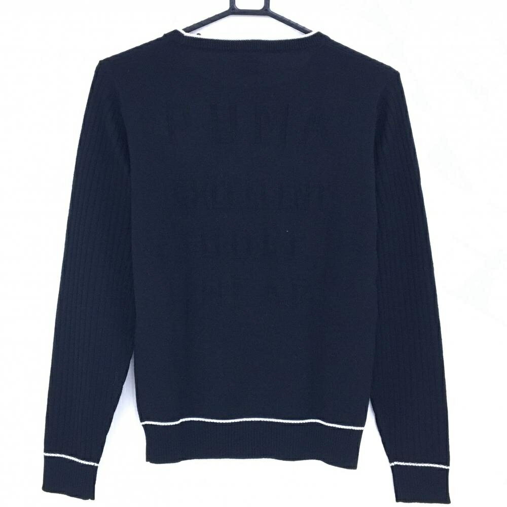 【美品】プーマ セーター 黒×白 リブ編み 胸元ロゴ ニット ウール混 レディース L ゴルフウェア PUMA