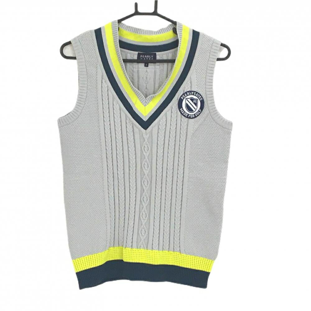 【超美品】パーリーゲイツ ニットベスト グレー×イエロー ケーブル編み メンズ 4(M) ゴルフウェア PEARLY GATES