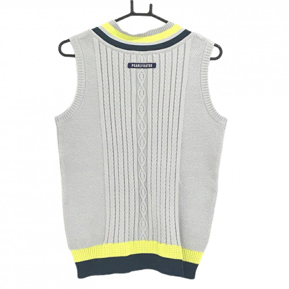 【超美品】パーリーゲイツ ニットベスト グレー×イエロー ケーブル編み メンズ 4(M) ゴルフウェア PEARLY GATES