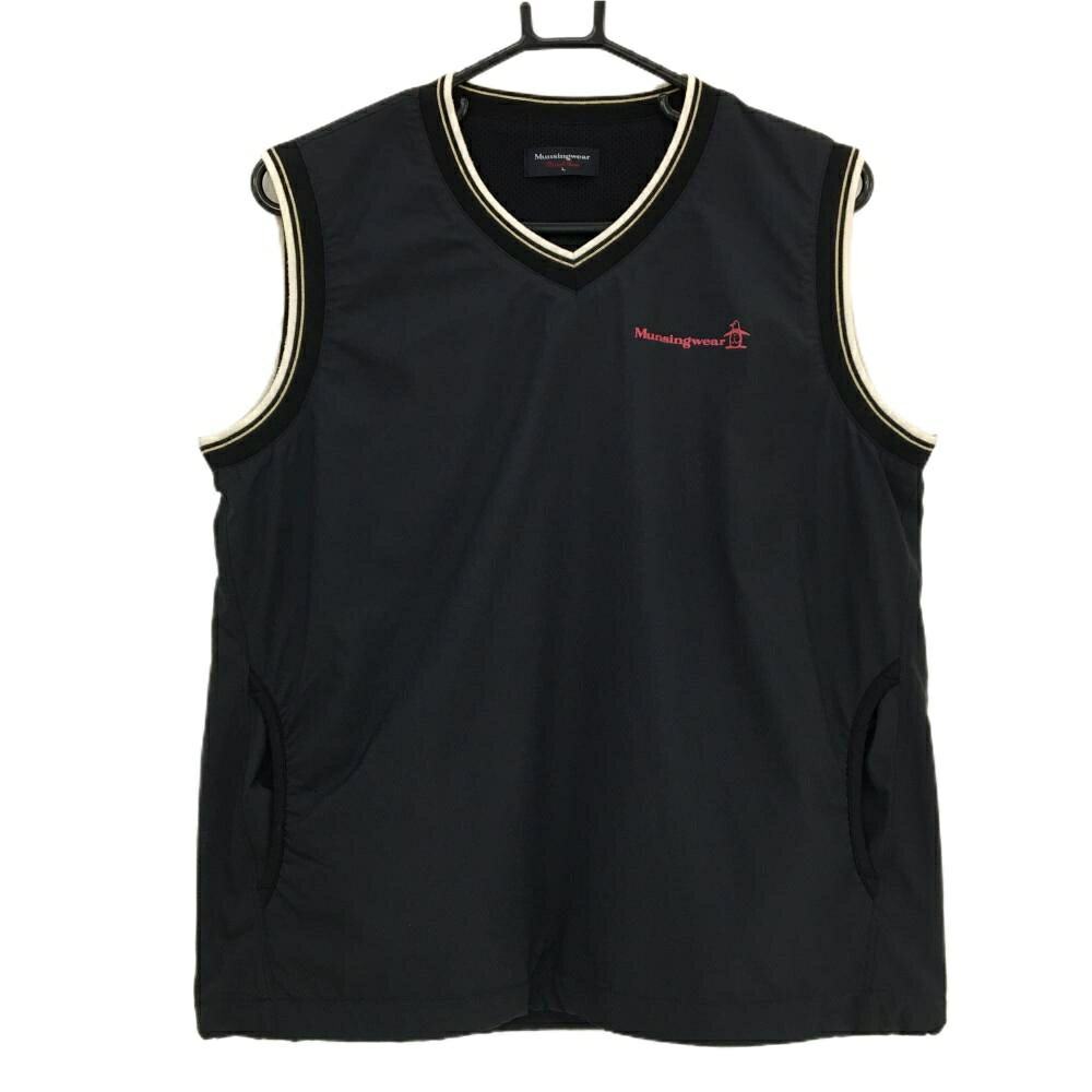 マンシングウェア ベスト 黒×白 ロゴプリント Vネック メッシュ裏地 メンズ L ゴルフウェア Munsingwear