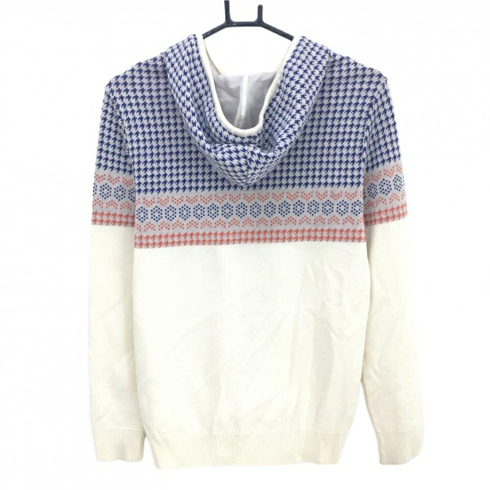 【ポイント10倍！楽天スーパーセール期間限定】【美品】プーマ フード付セーター アイボリー×ブルー×オレンジ 上部千鳥格子 メンズ M ゴルフウェア PUMA