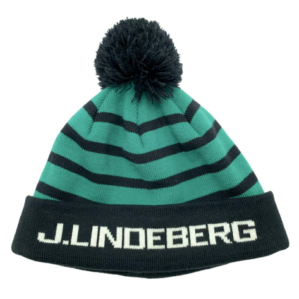 【超美品】ジェイリンドバーグ ニット帽 グリーン×黒 ボーダー フロントロゴ ボンボン付き OneSize ゴルフウェア J．LINDEBERG