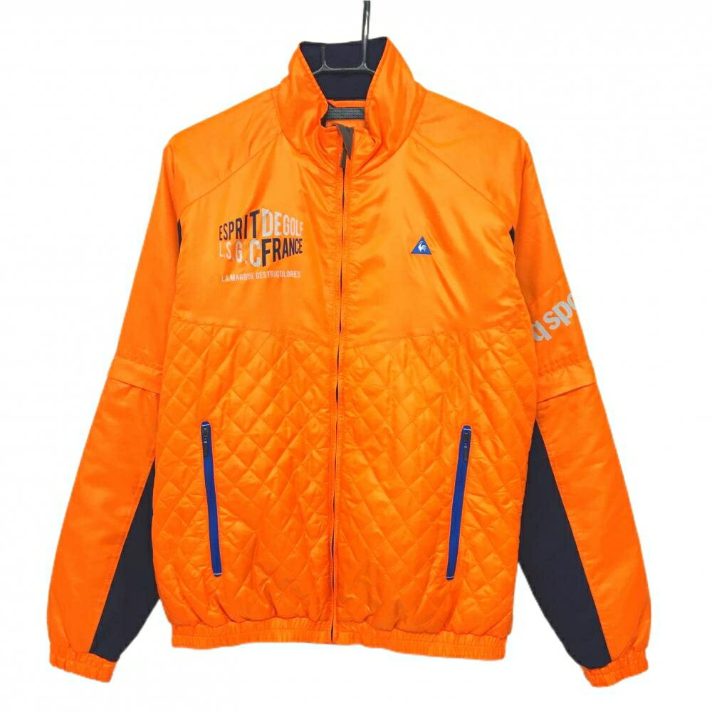【美品】ルコックゴルフ 2WAY中綿ジャケット オレンジ×ネイビー 前下部キルティング 袖着脱可 メンズ M ゴルフウェア le coq sportif
