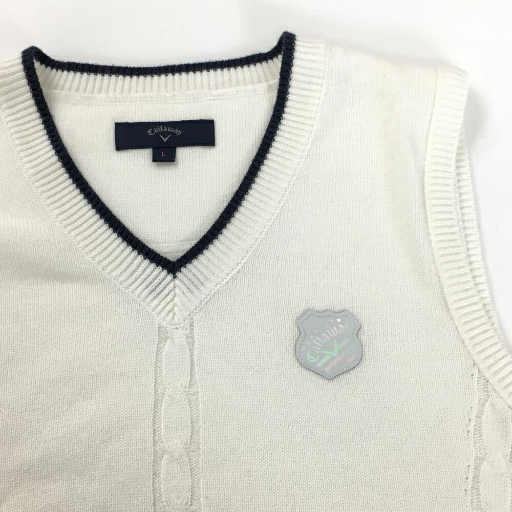 【超美品】キャロウェイ ニットベスト 白×ネイビー 前面ケーブル編み ワッペン レディース L ゴルフウェア Callaway