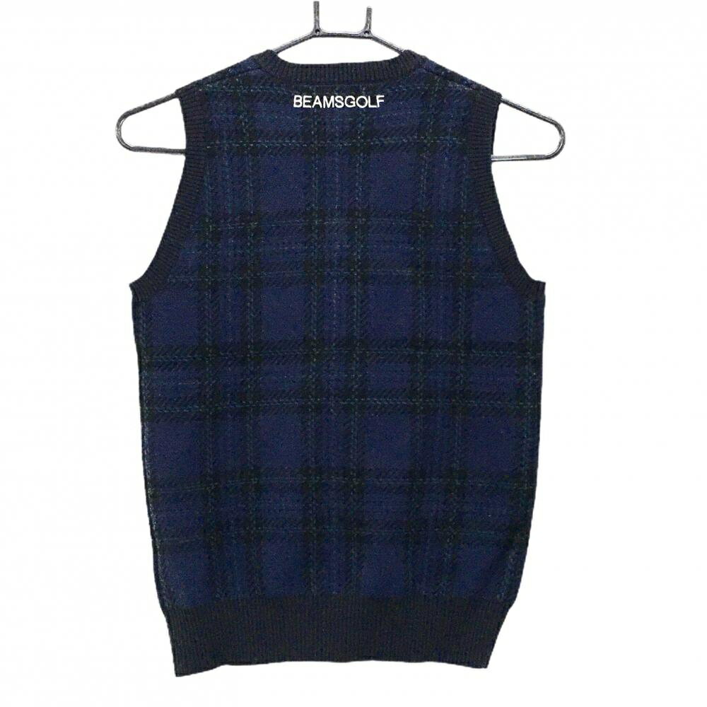 【美品】ビームスゴルフ ニットベスト ネイビー×黒 チェック ウール混 Vネック レディース S ゴルフウェア BEAMS GOLF