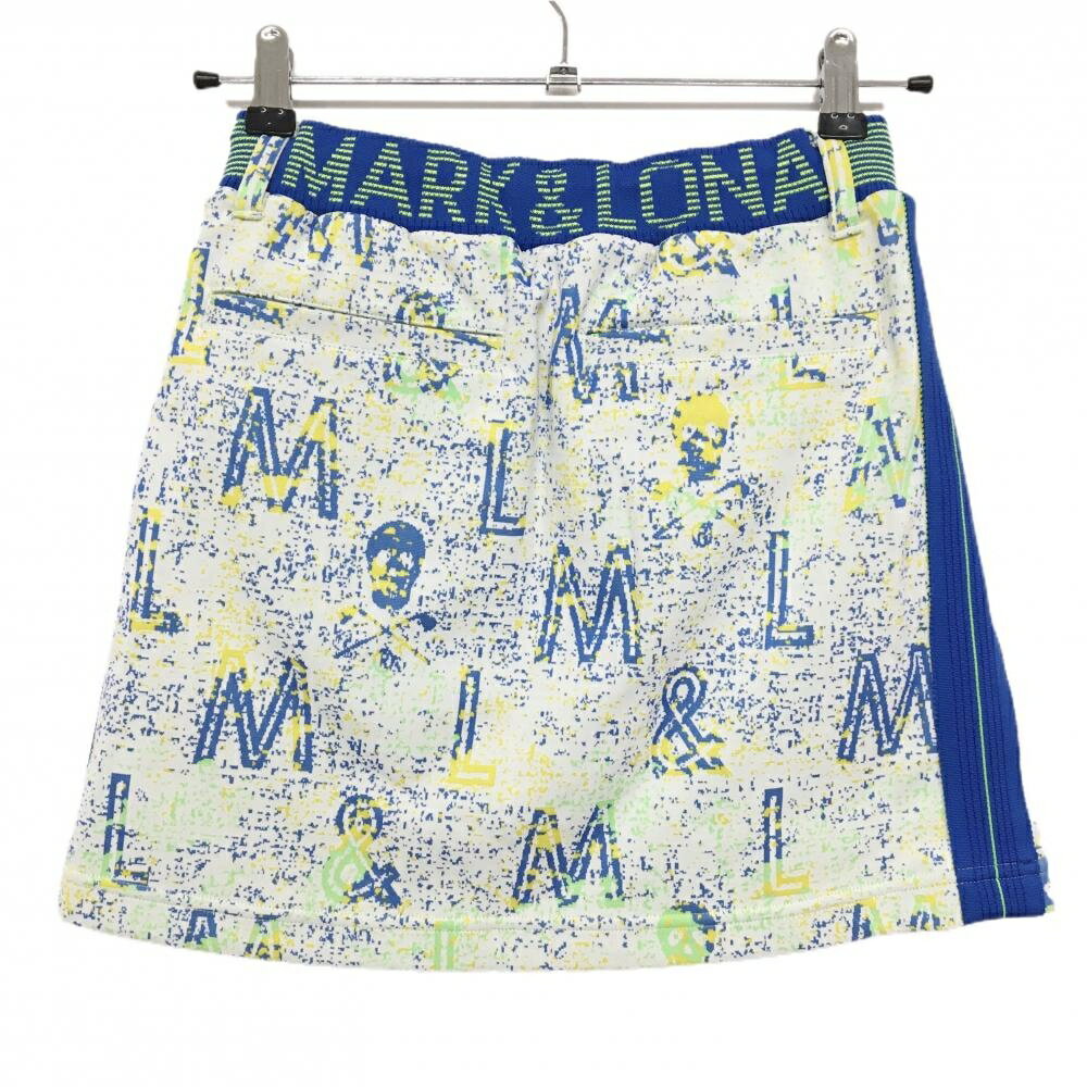 【美品】マークアンドロナ スカート 白×ブルー×イエロー 総柄 ウエストゴム レディース 36(S) ゴルフウェア MARK＆LONA
