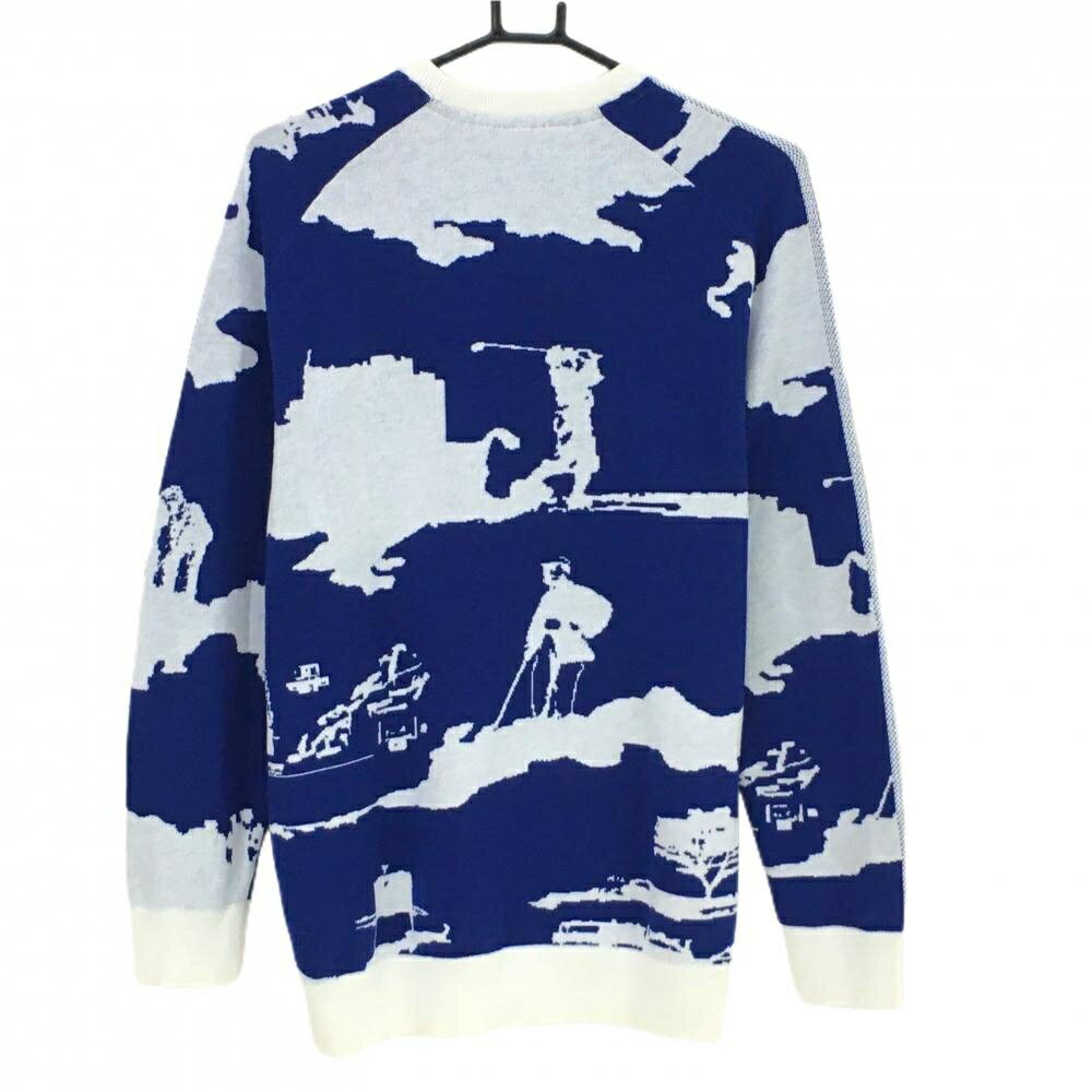 [クーポン対象品]【美品】アディダス　セーター ブルー×白 総柄 袖3ライン ウール混 ニット メンズ XO(XXL) ゴルフウェア adidas