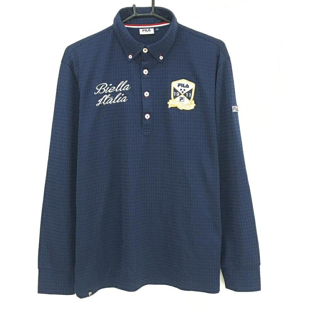 Shirts - [クーポン対象品]【美品】フィラゴルフ 長袖ポロシャツ ネイビー ダイヤ総柄地模様 ワッペン メンズ LL ゴルフウェア FILA GOLF