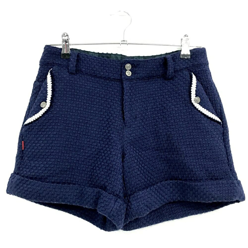 【美品】ビームスゴルフ ショートパンツ ネイビー×白 織生地 ウール混 裏地付 レディース S ゴルフウェア BEAMS GOLF