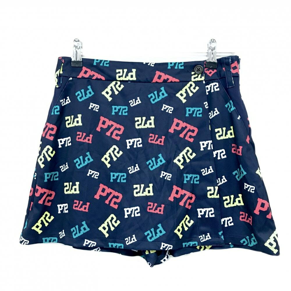 【美品】パーセッタンタドゥエ スカート ネイビー×マルチカラー ロゴ総柄 内側パンツ レディース S ゴルフウェア PAR72