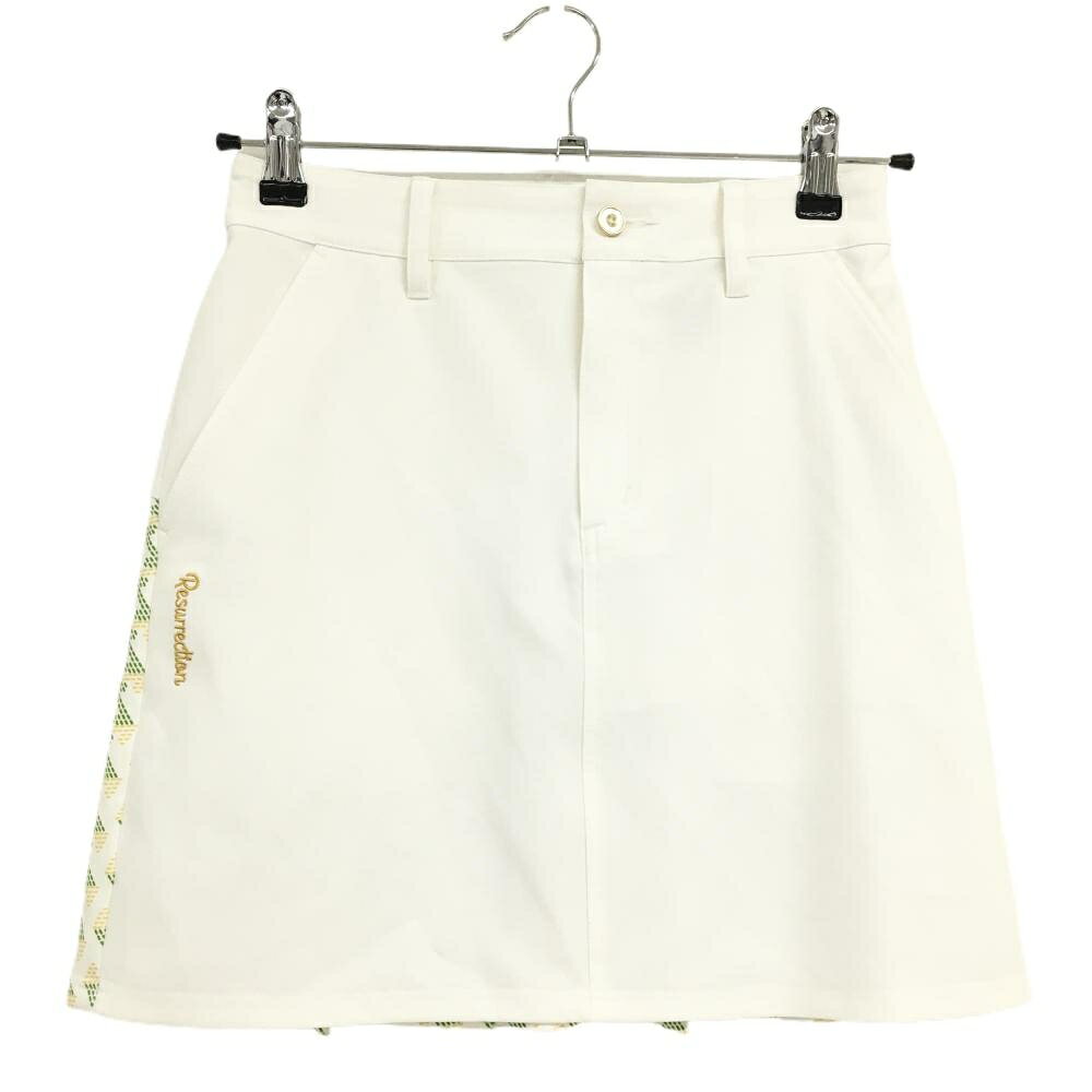 【美品】レザレクション スカート 白×グリーン×イエロー 後ろ総柄 後ろプリーツ ストレッチ レディース XS ゴルフウェア Resurrection