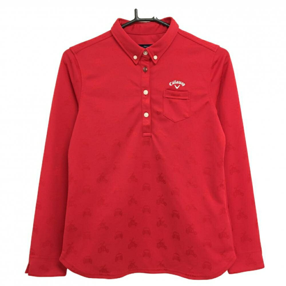 Polo Shirt - [クーポン対象品]【超美品】キャロウェイ 長袖ポロシャツ レッド 乗り物総柄 車 バイク ボタンダウン レディース L ゴルフウェア Callaway