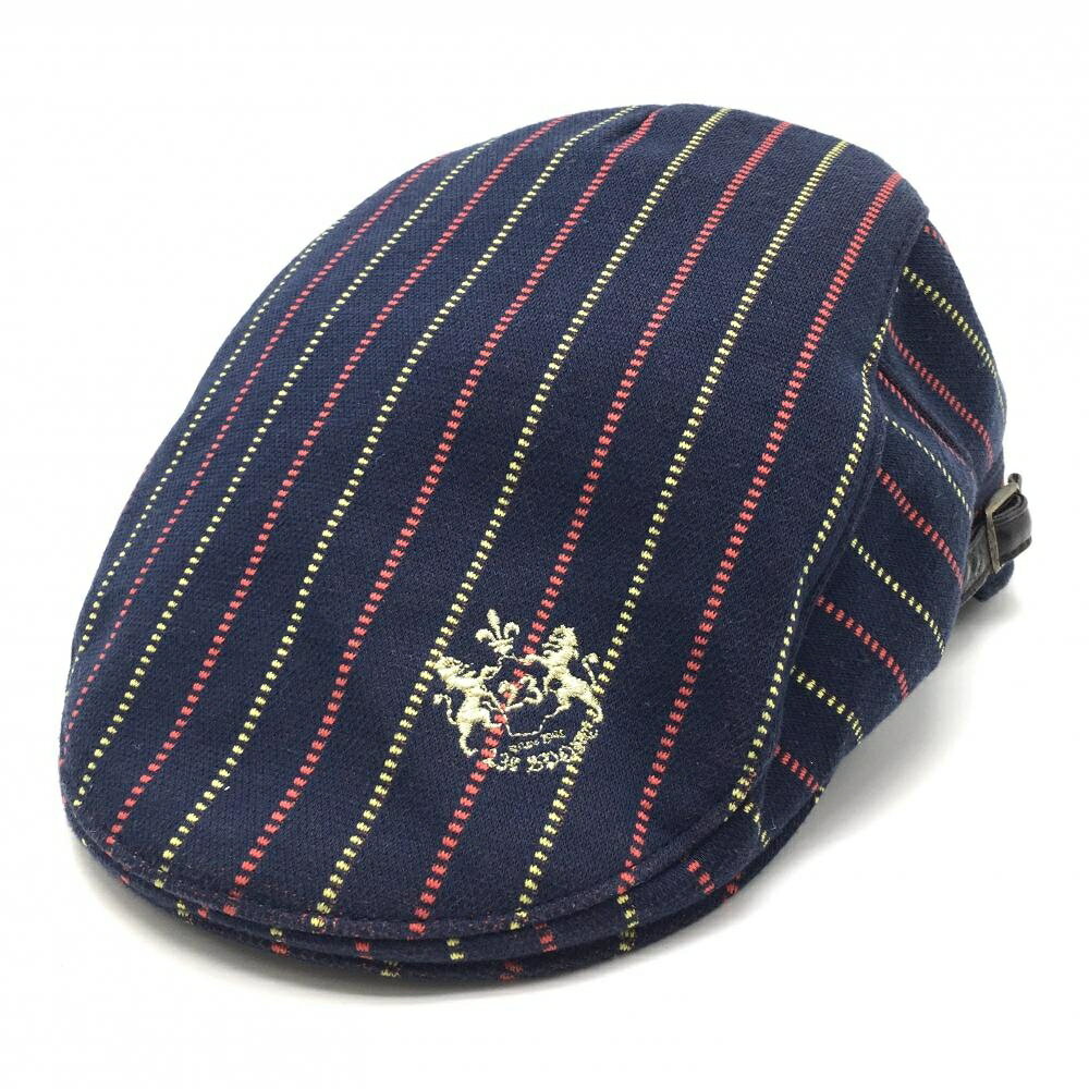 【美品】23区スポーツ キャスケット帽 ネイビー×イエロー ストライプ ロゴ刺しゅう F ゴルフウェア 23区