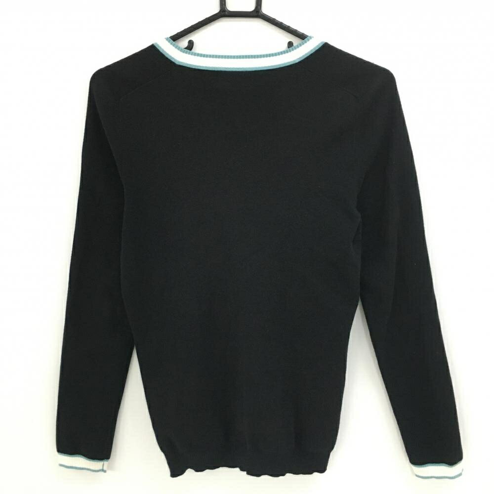 【美品】ラコステ カーディガン 黒×白 ネック・袖口ライン コットン100% ワッペン レディース 40(XL) ゴルフウェア LACOSTE