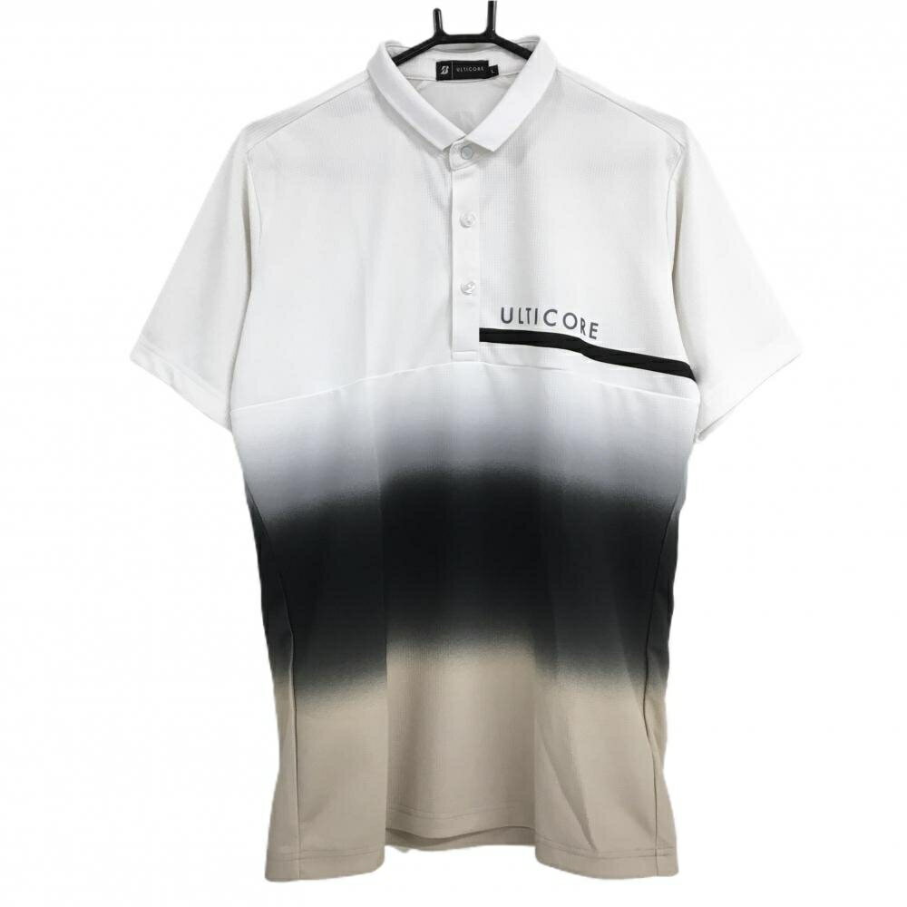 【超美品】ブリヂストン 半袖ポロシャツ 白×黒×ベージュ 格子織生地 グラデーション風 ULTICORE メンズ L ゴルフウェア Bridgestone