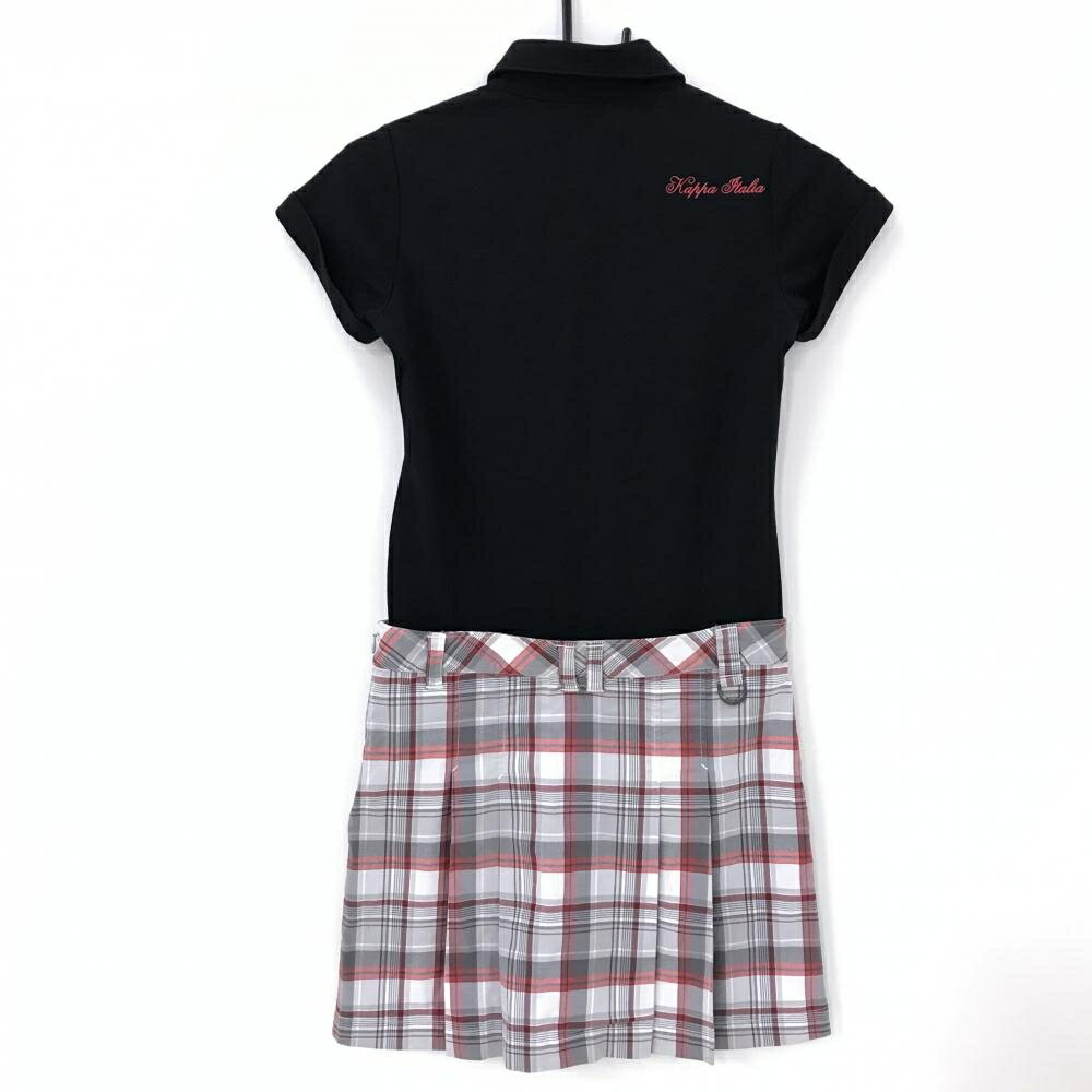 【超美品】カッパ 半袖ポロワンピース 黒×白 チェックスカート ラインストーンロゴ レディース S ゴルフウェア Kappa