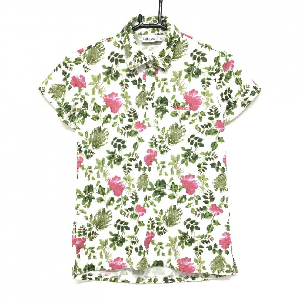 【超美品】アディダス 半袖ポロシャツ 白×グリーン リーフ柄 花 ロゴ刺しゅう レディース M/M ゴルフウェア adidas