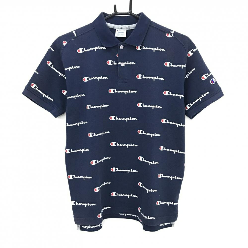 [クーポン対象品]チャンピオン 半袖ポロシャツ ネイビー×白 ロゴ総柄 メンズ MEDIUM ゴルフウェア Champion